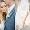 A bride and groom posing for pictures outside.